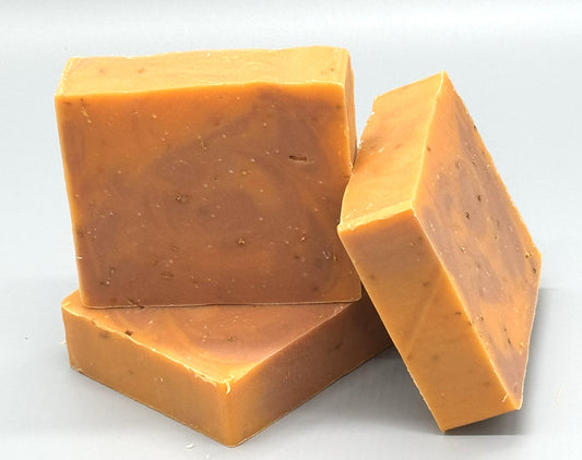 Handmade Orange Spice Bar Soap – tallow-based soap with cinnamon, nutmeg, and dried orange peel for gentle exfoliation-3 bar front view