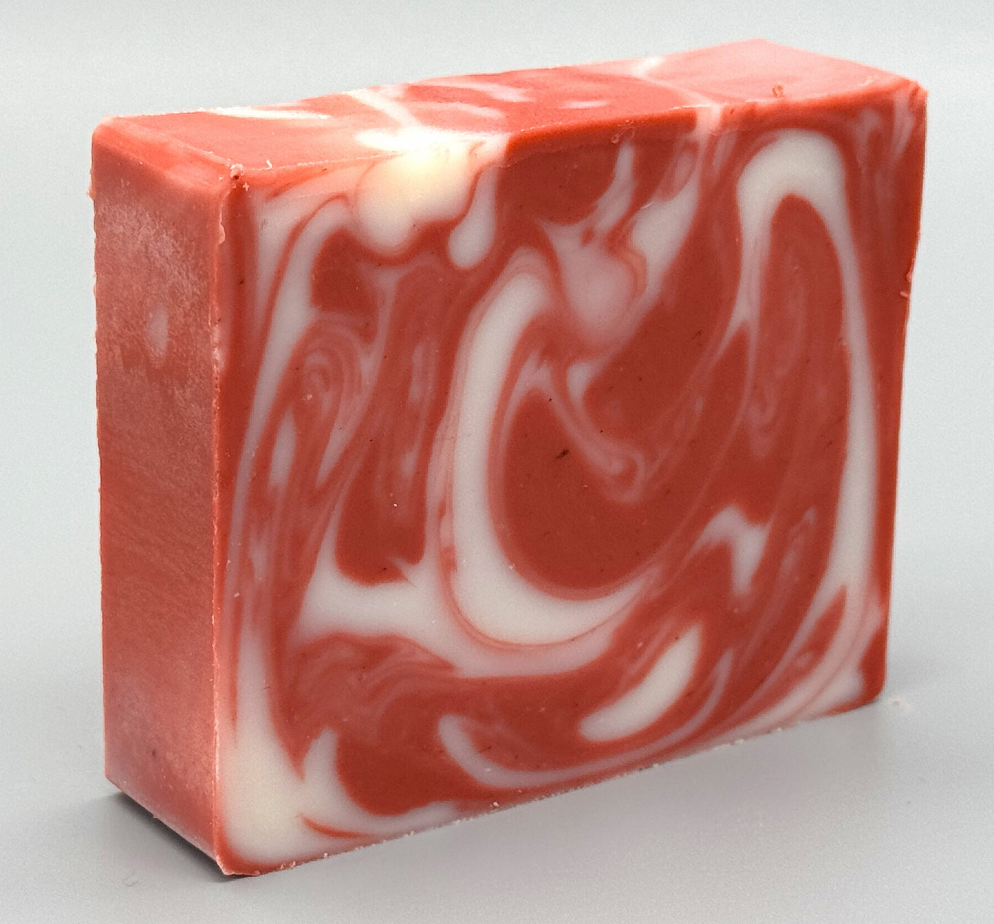 Handmade Candy Cane Bar Soap - tallow-based Christmas soap with red and white swirls-right view