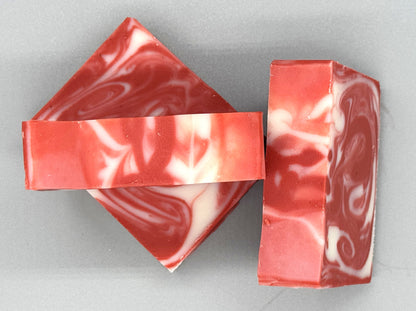 Handmade Candy Cane Bar Soap - tallow-based Christmas soap with red and white swirls-3 bar top view