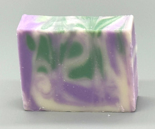 Handmade Lavender Rosemary Bar Soap – tallow-based soap scented with essential oils, purple and green swirls on white background-front view
