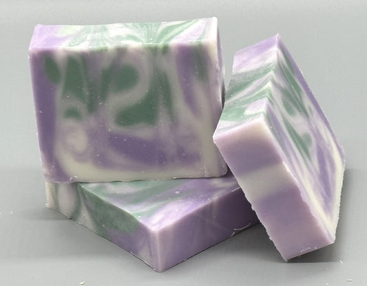 Handmade Lavender Rosemary Bar Soap – tallow-based soap scented with essential oils, purple and green swirls on white background-3 bar front view