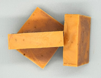 Handmade Orange Spice Bar Soap – tallow-based soap with cinnamon, nutmeg, and dried orange peel for gentle exfoliation-3 bar top view