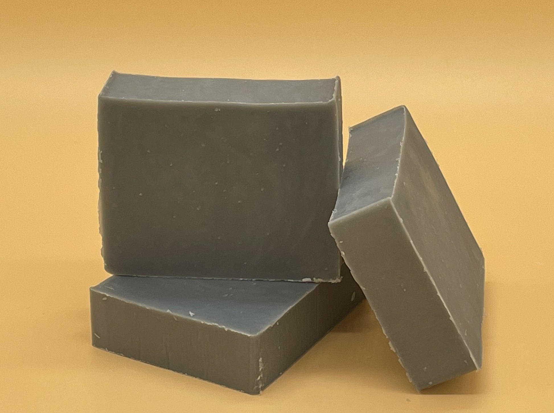 Stack of Sandalwood Bergamot handmade tallow soap bars — gray Steel Works mica color, artisan soap by Talley’s Soap Co.